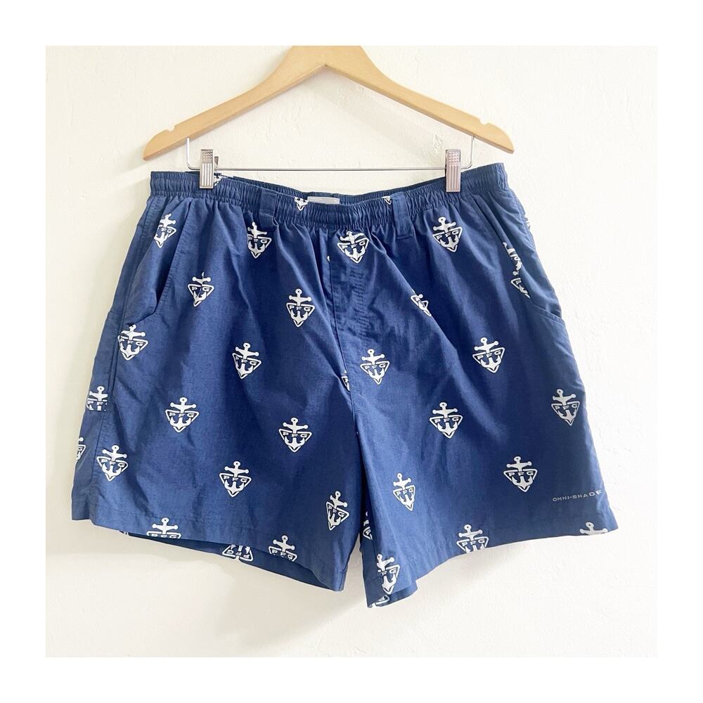 Columbia PGF Men’s Anchor Logo Print Swim Shorts Lined Size XL Blue Navy Outdoor